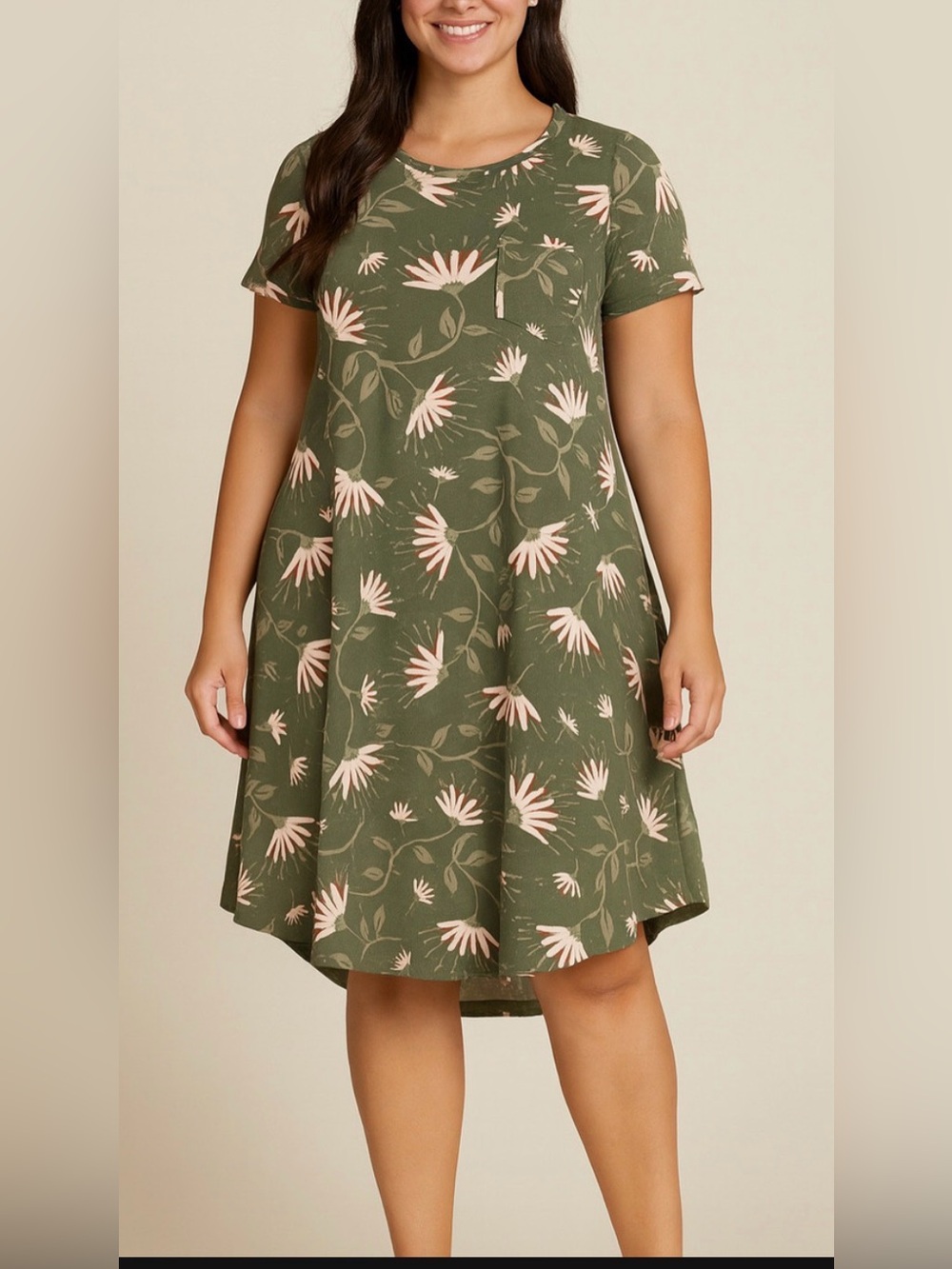 LuLaRoe Carly Swing Dress Olive Green Floral Print Chest Pocket Size Small NWOT